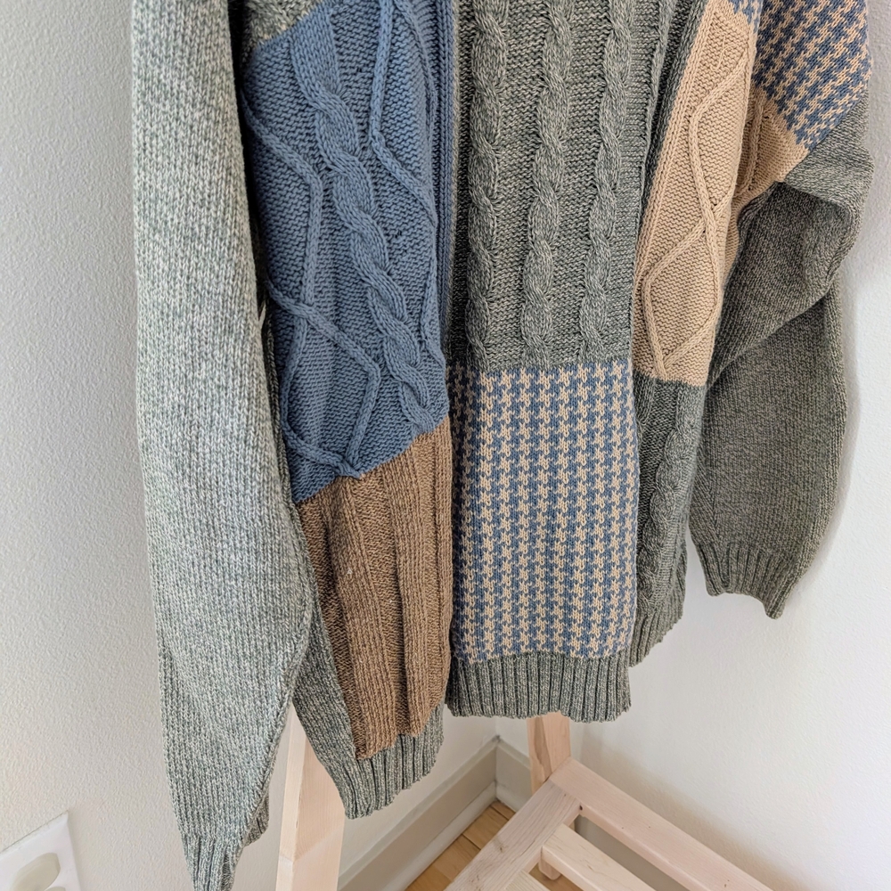 Vintage Patchwork Houndstooth Cable Knit Crewneck… - image 4